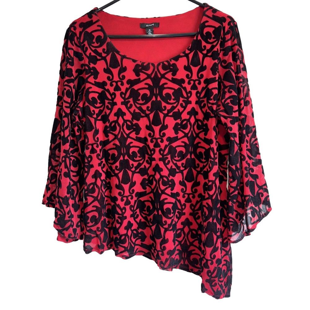 Alfani Velvet Burnout Top Women Size M Red Black Asymmetric Sheer Flare Sleeve